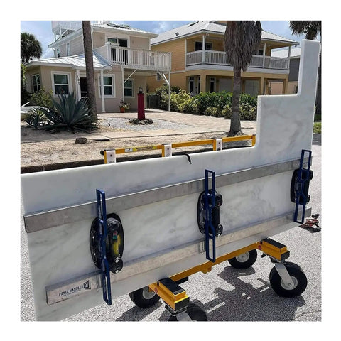 Grabo Nemo Electric Vacuum Suction Cup Lifter lifting marble panel at construction site with secure grip and rolling dolly.