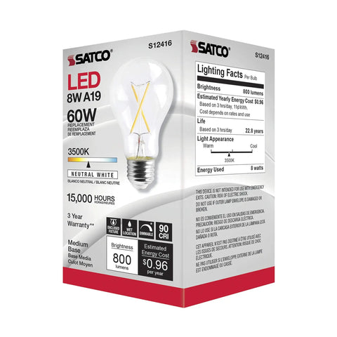 Dimmable LED Filament Bulbs S12416 810 Lumens 8W A19 E26 Medium Base 3500K Neutral White 90 CRI Wet Location Rated 120V box