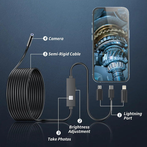 1920P HD Endoscope Camera With Light And 8 Adjustable LEDs, SemiRigid Snake Borescope For Tight Spaces, 16.4ft Cable, 7.9mm Probe, 2.0MP Clear Video For iOS And Android, Lightning port