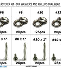 Oval Head Sheet Metal Screws Kit With Countersunk Cup Washers, Marine Grade 316 Stainless Steel, 301 Piece Set displayed.