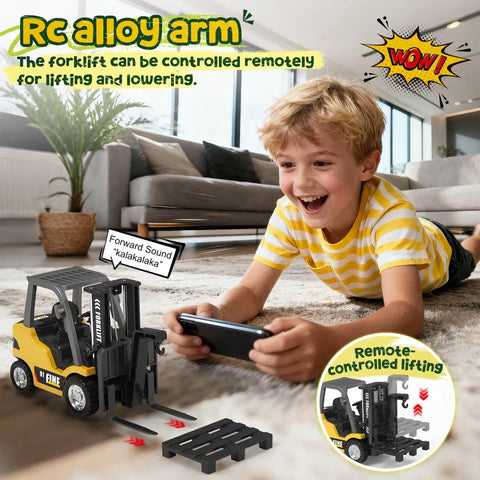 Child playing with Mini RC Forklift 1 to 64 Scale Alloy Toy With App Programmable Path And Bluetooth Remote Control Liftable Forks