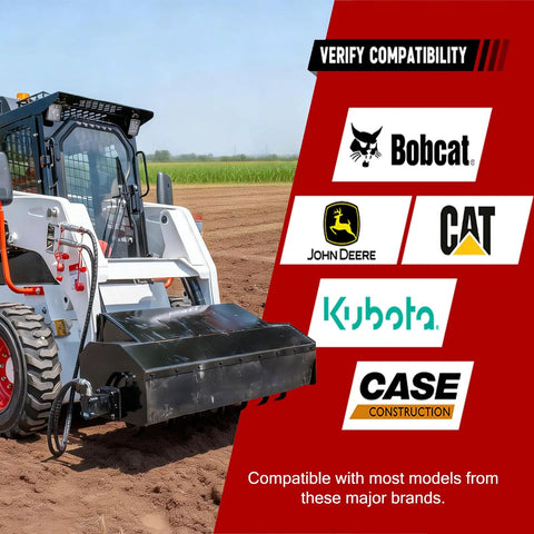 70 Inch Hydraulic Rotary Tiller Attachment For Skid Steer Loaders displayed with brand compatibility logos