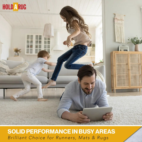 Family playing on carpet with Non Slip Rug Pad 6 Foot By 9 Foot One Eighth Inch Thick For Hardwood Vinyl Tile And Laminate Floors.