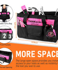 Pink 207 Piece Womens Tool Set With Portable 13 Inch Wide Mouth Tool Bag showing tools and size dimensions.