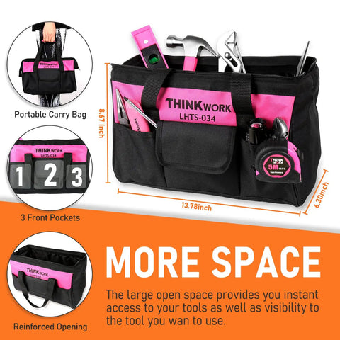 Pink 207 Piece Womens Tool Set With Portable 13 Inch Wide Mouth Tool Bag showing tools and size dimensions.