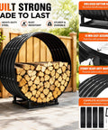 32 Inch Firewood Hoop Rack With Rustproof Cover, heavy-duty steel, holds 500 lbs, round log holder on patio, all-weather protection