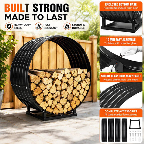 32 Inch Firewood Hoop Rack With Rustproof Cover, heavy-duty steel, holds 500 lbs, round log holder on patio, all-weather protection