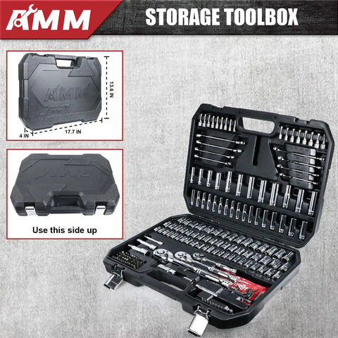 Professional Mechanics Tool Set With 1/4 Inch, 3/8 Inch And 1/2 Inch Drive Sockets, 202 Piece Kit open toolbox view