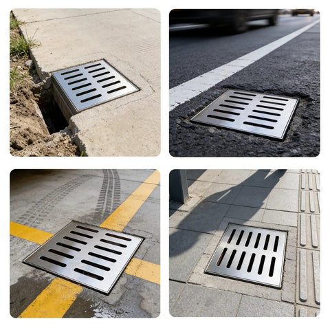 Rock Solid 304 Stainless Steel Square Trench Drain Grate Covers in various installations for outdoor drainage solutions.