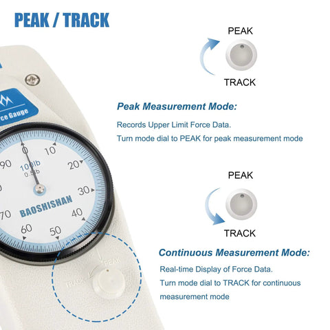 Pro Grade 100 Pound Push Pull Force Gauge With Calibration Certificate Tough ABS Shell Precise 0.5 Pound Resolution 10mm Stroke Great For Tension And Compression Testing Backed By Real Tech Support. Peak and track mode dial