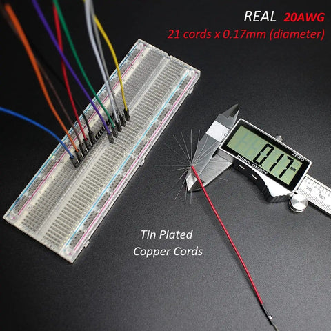 Caliper measuring copper cord from Real 20AWG Breadboard Jumpers Kit with 140 Assorted U Shape Wires, angled ESD tweezers visible