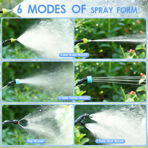 Battery Powered 2 Gallon Sprayer With Three Speed Settings, showcasing four atomizing nozzles for varied spray forms in garden use.