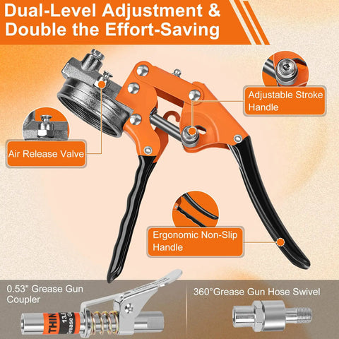 8000 PSI Pistol Grip Grease Gun Kit With Adjustable Pressure Beefed-Up Heavy Duty Pro Grade Tool For Auto Marine Industrial And Agricultural Machinery 0.53 Inch Coupler And 360 Degree Swivel showing ergonomic features and components