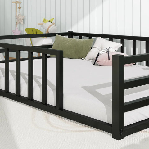 Black Safe Toddler Floor Bed With Rails And Door Full Size Montessori Bed For Ages 2 To 5, pillows and toys in image.