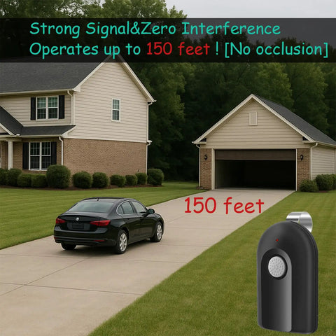 2 Pack Replacement Garage Door Opener Remote Compatible With Intellicode And Overhead Door ACSCTG Type 1 2 3 390 MHz Frequency, car on driveway in front of house