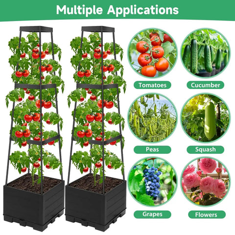 2 Pack Tomato Planter Pots With Raised Bed Trellis And 45 Inch Climbing Cages for various crops shown in use