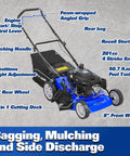 Gas Powered 21 Inch Lawn Mower With 201cc 4 Cycle Engine 3 In 1 Mowing With Bagging Mulching And Side Discharge Easy Start And Adjustable Eight Position Cutting Height For Lawn Yard And Garden Workhorse, blue deck