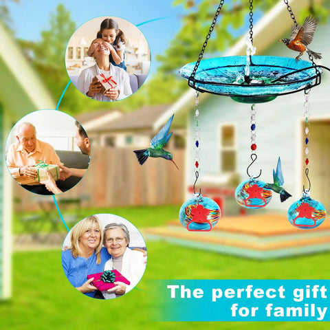 Go-To Hand Blown Glass Hummingbird Feeder And USB Water Pump Bird Bath Two-In-One Outdoor Garden Decor Hanging Hummingbird Feeder Plus Bird Bath For Small Birds Blue hanging in a garden