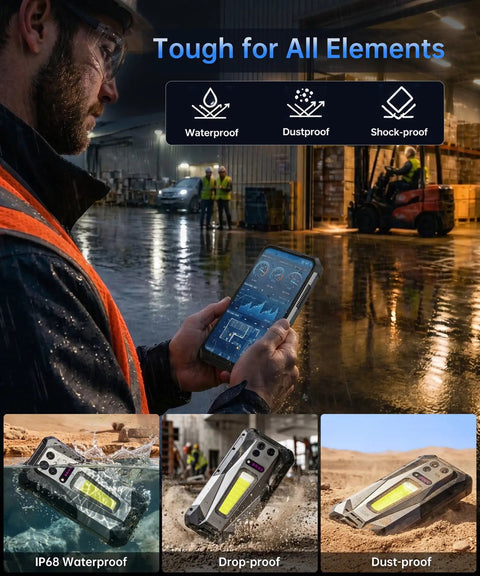 Man using Boss Level Durable Tank 5 5G Esim Unlocked Smartphone with display, showcasing waterproof and rugged features.