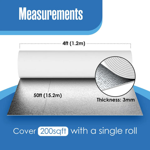 Top Shelf White Foam Insulation Roll With Super Reflective Radiant Barrier Coating For Pole Barn Garage Shed Attic Roofing Ninety Five Percent Heat Reflection Heavy Duty Thermal Management Forty Eight Inches Wide Fifty Feet Long Real Deal, showing 4ft by 50ft dimensions.