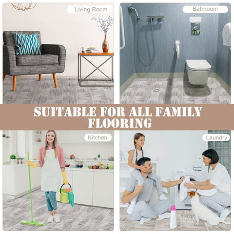 Multiple room settings with No Fuss Peel And Stick Wood Grain Vinyl Floor Tiles 12 By 12 Inch 48 Pack Waterproof Self Adhesive Flooring