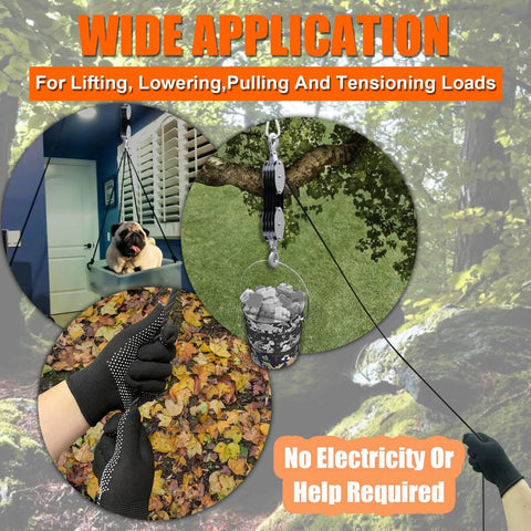 Rope Hoist Pulley System With Metal Bearing 4400lb Block And Tackle 8 To 1 Lift 65ft Heavy Duty With 2 Straps for various lifting needs