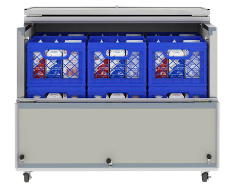 Built Like A Tank Heavy Duty Commercial Milk Cooler Refrigerator For Schools And Cafeterias With Smooth Heavy Duty Casters 12 Crate Stainless Steel Beverage Chiller Etl Certified Solid Service Ready Storage with milk crates inside.
