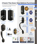 Eight In One Fingerprint Smart Door Lock With Integrated Touchscreen Keypad And Heavy Duty Zinc Alloy Handle Designed For Seamless Keyless Entry Hella Secure Matte Black Edition door size specifications and installation guide.