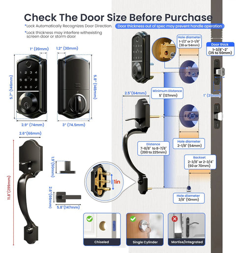 Eight In One Fingerprint Smart Door Lock With Integrated Touchscreen Keypad And Heavy Duty Zinc Alloy Handle Designed For Seamless Keyless Entry Hella Secure Matte Black Edition door size specifications and installation guide.