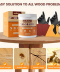 White Wood Filler And Putty 16 Oz Repair Kit for holes, cracks, dents with tools and wood damage examples on table.