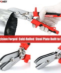 5-Blade Sheet Metal Crimper Hand Tool For Ductwork And Stove Pipe in action with red handles and cold-rolled steel plate