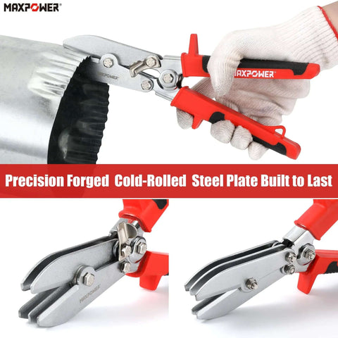 5-Blade Sheet Metal Crimper Hand Tool For Ductwork And Stove Pipe in action with red handles and cold-rolled steel plate