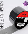 Fiberglass Window Screen Repair Kit Tape With Heavy Duty Adhesive For Windows And Screen Doors Fix Tears And Holes Easy To Apply Waterproof Roll 2 Inch By 80 Inch Grey shown in closeup with product features icons