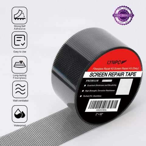 Fiberglass Window Screen Repair Kit Tape With Heavy Duty Adhesive For Windows And Screen Doors Fix Tears And Holes Easy To Apply Waterproof Roll 2 Inch By 80 Inch Grey shown in closeup with product features icons