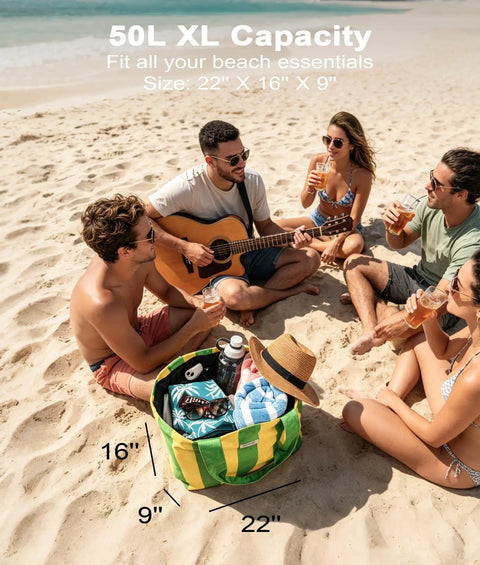 Waterproof Sandproof Beach Tote For Women With Zipper XL Large Blue Bag Ultra Lightweight Under 1 Pound 50L Capacity For Towels Sunscreen Snacks And Change Of Clothes Perfect Pool And Beach Bag on sand with beach essentials