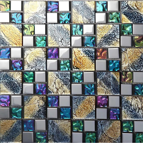 Dope Glass Mosaic Tile Iridescent Blue Purple Gold Textured Chrome Metallic Backsplash Sheet for Kitchen Bathroom Fireplace Accent Walls 6 Sq Ft Mesh Mounted Easy Install