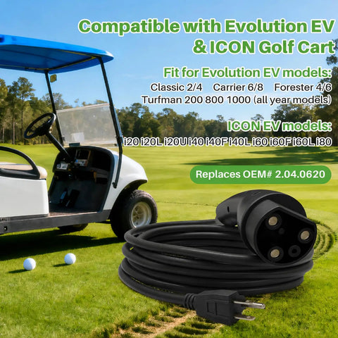 Rugged 10 Foot 3 Pin Charging Cable For Evolution Icon Golf Cart 48V Electric Vehicle 120V To 220V 16 Amp power cord and golf cart.