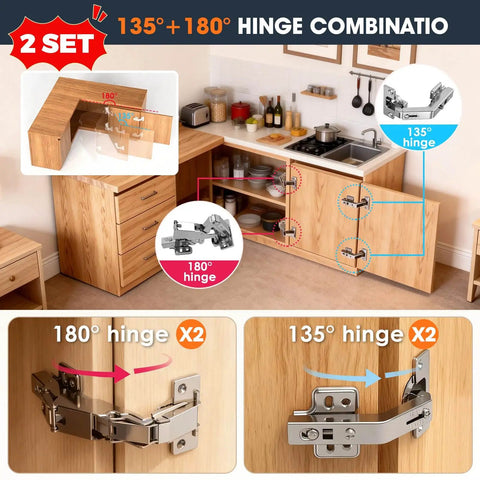 180 Degree And 135 Degree Half Overlay Corner Cabinet Hinges For Lazy Susan And Bifold Doors Space Saving Kitchen Cabinet Hardware Kit Easy Install Converts Tight Corner Cupboards Into Smooth Front Opening Storage, silver metal