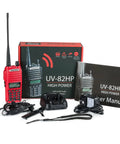 Beefy 7W Dual Band Ham Radio Portable Two Way With VHF 136 174 MHz And UHF 400 520 MHz VOX Talk Around in red with accessories.