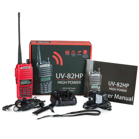 Beefy 7W Dual Band Ham Radio Portable Two Way With VHF 136 174 MHz And UHF 400 520 MHz VOX Talk Around in red with accessories.