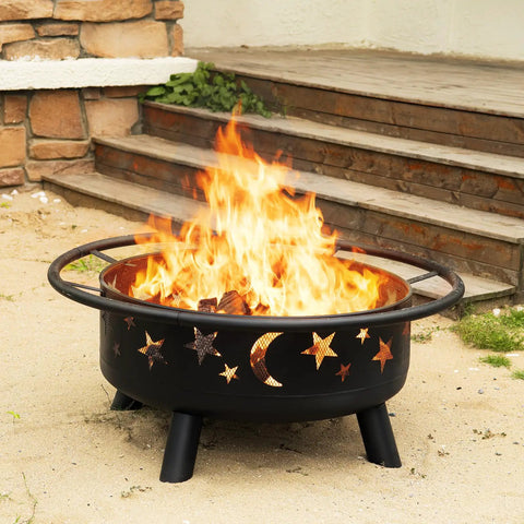 32 Inch Round Fire Pit With Mesh Cover And Fire Poker Star And Moon Design Wood Burning Outdoor Firepit For Patio Backyard Garden Bonfire Parties And Chill Backyard Vibes Ideal For Christmas Thanksgiving Halloween, flames rising outdoors