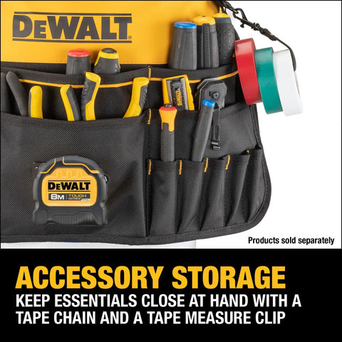 Pro Grade Tool Organizer With 37 Pockets And TOUGHCASE Pocket in black 1680D fabric, loaded with tools for jobsite use.