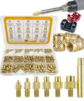 Heat Set Brass Threaded Inserts Kit For 3D Printing, Knurled Female Nuts M2 Through M6 shown with heat insert rods and tips