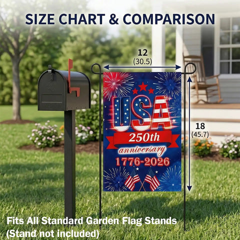 All American 250th Anniversary USA Garden Flag for Outdoor Celebration in front yard next to mailbox, size 12x18 inch