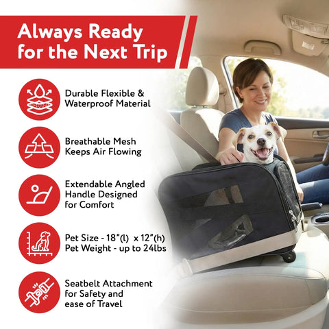Rolling Pet Carrier With Wheels, Airline Approved Under Seat TSA Dog Cat Carrier in car with pet and seatbelt attachment