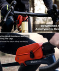 Waterproof Bike Frame Bag With Magnetic Flap And One Hand Access Top Tube Storage mounted on bike, shown in streamlined design.