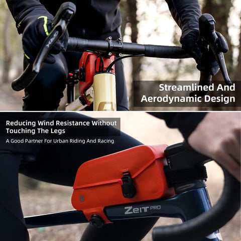 Waterproof Bike Frame Bag With Magnetic Flap And One Hand Access Top Tube Storage mounted on bike, shown in streamlined design.