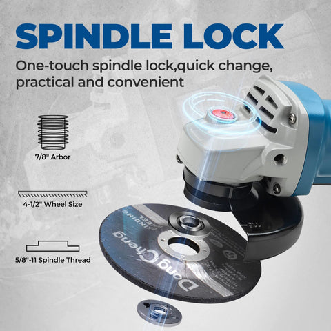DongCheng 4-1/2-inch angle grinder with blue body and paddle switch; shows cutting wheel and grinding discs.