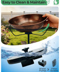 Metal Bird Bath With Solar Fountain, 13 Inch Bowl And 6.3 Inch Solar Pump, Battery And LED Lights, shown with water pump
