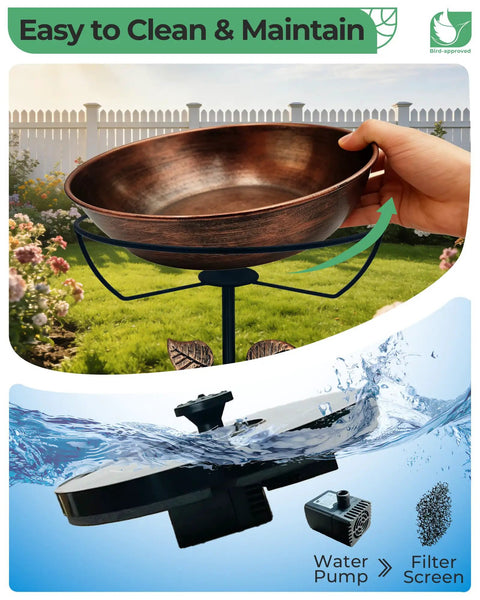 Metal Bird Bath With Solar Fountain, 13 Inch Bowl And 6.3 Inch Solar Pump, Battery And LED Lights, shown with water pump